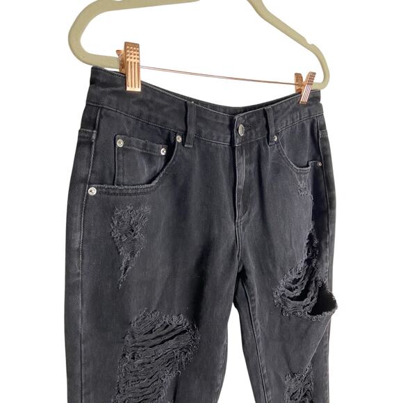 Retrofete Ripped Distressed Slim Jeans Mid Rise Raw Hem Streetwear Black Size 26 - Picture 3 of 8